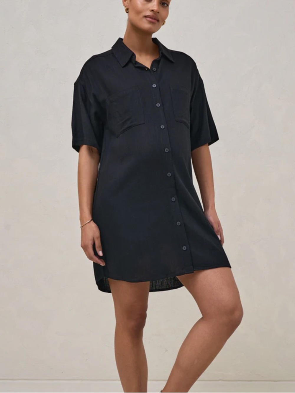 Bae. The Label Maternity Shirt Dress Black Button Front Minimalist Bump Friendly